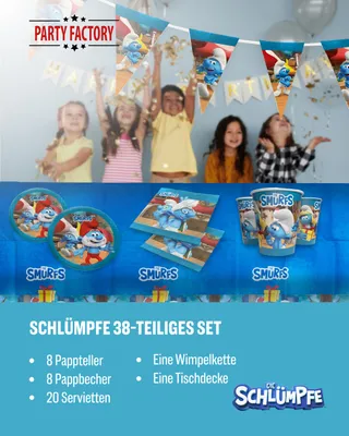 Produktbild von Die Schlümpfe 38-tlg. Party Set – Deko mit Tischdecke Wimpel Servietten