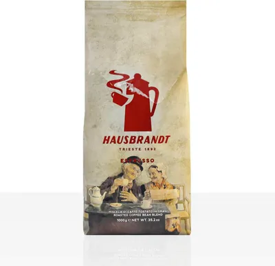 A bag of Hausbrandt coffee beans with an illustration of two people enjoying coffee.