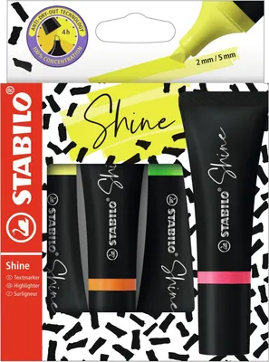 Obrázek produktu pro STABILO Shine, 4 kusů, Zelená, Oranžová, Růžová, Žlutá, Rozšířený hrot, Vícebarevný, Tuba, 2 mm