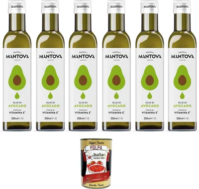 Produktbild von Fratelli Mantova Olio di Avocado Avocadoöl – Nutrazeutisches Öl – 100% natürlich und 100% rein – Gesundheit und Wohlbefinden – enthält natürlich Vitamin E 6x250 ml + Italian Gourmet polpa 400g