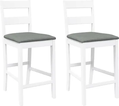 Two white bar stools with gray cushions are shown against a white background.