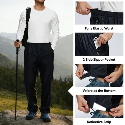 Produktbild von BUBW Herren Regenhose wasserdicht winddicht atmungsaktiv Leicht & faltbar für Outdoor, Wandern, Radfahren, Angeln Mit Reflexstreifen & verstellbarem