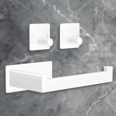 Produktbild von Toilettenpapierhalter, Wandmontage, Edelstahl, 1 Halter + 2 3M-Klebehaken, kein Bohren erforderlich, rostbeständig, für Bad und Küche – Weiß