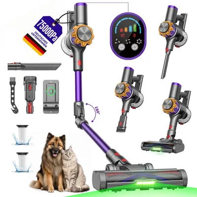 Produktbild von 75000Pa Akku staubsauger 600W/70Min.1,2L Staubbehälter,Ultraleiser Staubsauger Kabellos,65dB leise,OLED Display,H14-Filtersystem,handstaubsauger