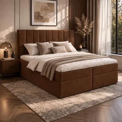 Image de Lit boxspring QLA Bergamo 180x200 cm avec matelas à ressorts ensachés 7 zones, coffre de rangement et surmatelas Couleur marron