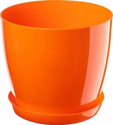 A product shot of an orange plastic plant pot with a saucer.