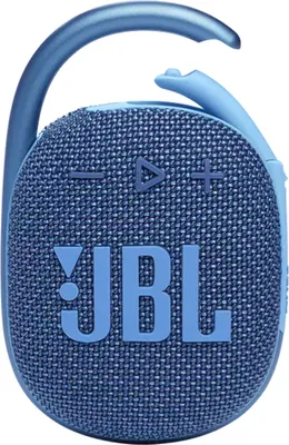 A blue JBL Clip 4 Eco portable Bluetooth speaker with a carabiner clip.