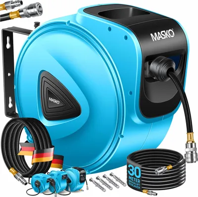 Produktbild von MASKO® Automatik Druckluftschlauch Aufroller – Schlauchtrommel mit 1/4" Anschluss, Schlauchaufroller, Wandhalterung, Tragegriff, 180° schwenkbar, Schlauchbremse, vormontiert & sofort einsatzbereit