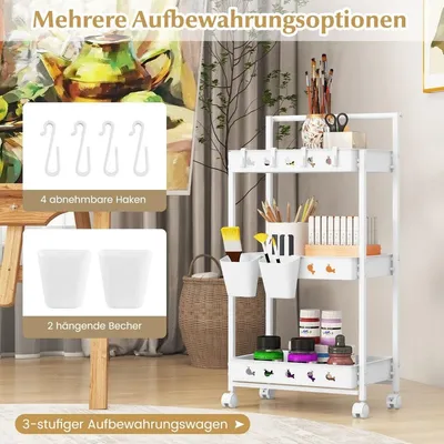 Produktbild von 3 Ebenen Rollwagen Servierwagen mit Rollen Küchenwagen mit 2 Hängebechern 42 x 29 x 83 cm Weiß
