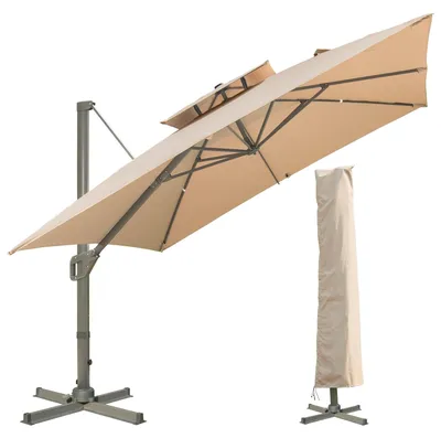 Image de Parasol carré 300 x 300 cm avec pied et manivelle, grand parasol à pied central, inclinable et pivotant à 360°, résistant au vent, imperméable, parasol de marché pour le jardin, la terrasse et l'extérieur, couleur kaki