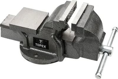 A gray metal vise with a silver handle is shown against a white background.