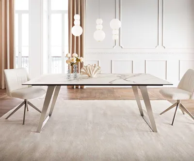 Produktbild von DELIFE Esstisch Edge 200x100 Keramik Calacatta Luxe Weiß-Gold-Grau Edelstahl Schräg