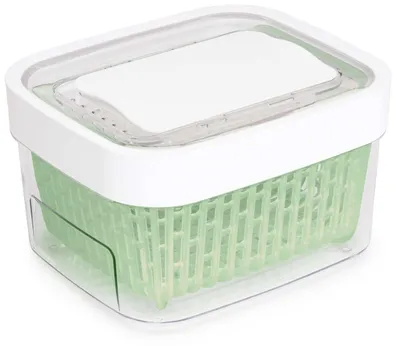 A clear studio shot of a food storage container.