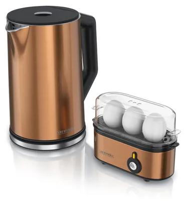 Produktbild von Arendo 2-teiliges Frühstücksset - Edelstahl Wasserkocher 1,5l, 3er Eierkocher, Kupfer