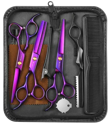 Immagine prodotto di Set di forbici da parrucchiere, 6,5 pollici, colore viola, acciaio inossidabile giapponese 440C, 27 denti. Include forbici cesellatrici e forbici smussatrici