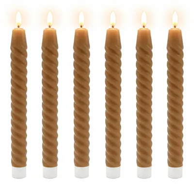 Produktbild von Relaxdays LED Stabkerzen, 6er Set, HxD: 25x2 cm, flackernde Flamme, Echtwachs, gedreht, flammenlose Kerzen, mocha-mousse