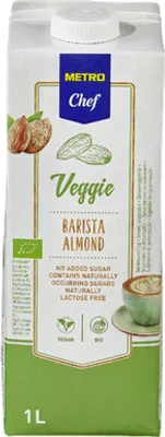 A carton of almond milk with product branding and imagery.