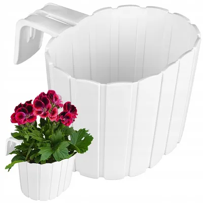 A white balcony planter with a small potted plant with dark red flowers in front of it.