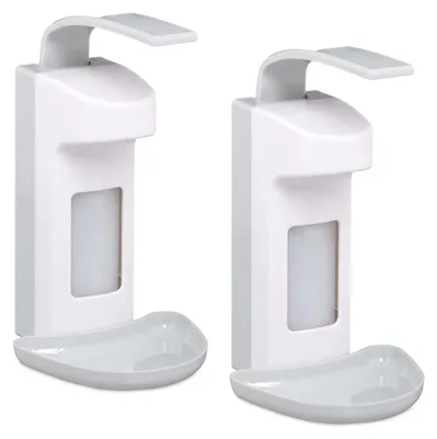 Immagine prodotto di Distributore di disinfettante Relaxdays, set da 2, 500 ml, per disinfettante e sapone, distributore Eurospender con vaschetta raccogligocce, bianco/grigio, Immagine generata dall'IA