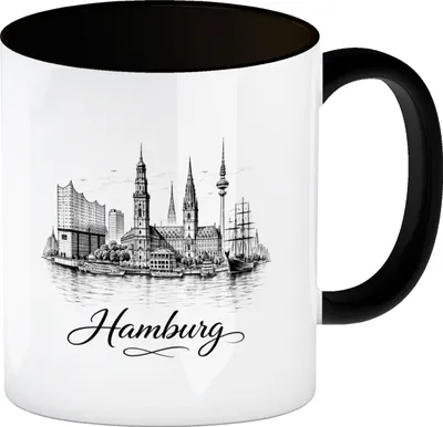 Produktbild von Skyline Hamburg Stadtsilhouette Kaffeebecher in schwarz