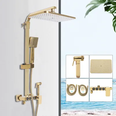 Obrázek produktu pro Mosazný sprchový systém Zlatá dešťová sprcha s ruční sprchou Sprchová souprava na stěnu Moderní sprchový panel Sprchová baterie 9x9" Hlavová sprcha