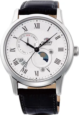 A close-up studio shot of a men's wristwatch with a white dial, Roman numerals, and a black leather strap.