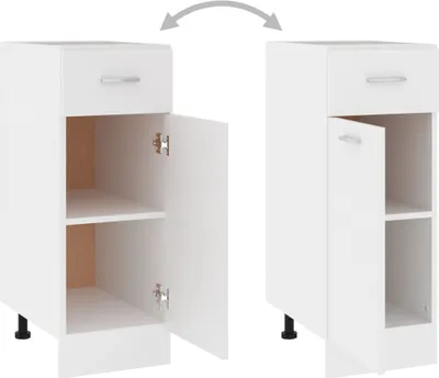 Two identical white cabinets are shown side-by-side against a white background. The cabinet on the left has its door open, revealing two shelves inside. The cabinet on the right has its door closed. An arrow graphic arches over the top of the cabinets, ind
