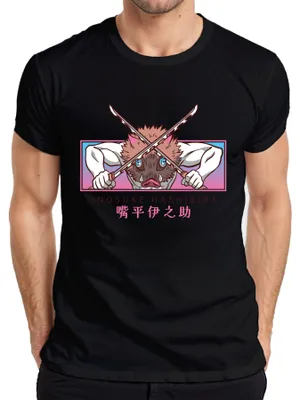 Zdjęcie produktu dla Koszulka męska Inosuke Hashibira Boar Mask Crossed Swords Kimetsu Gift, czarny, S