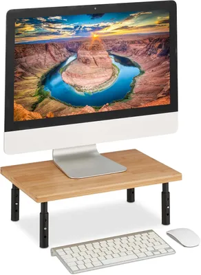 Obrázok produktu pre Držiak na monitor – Výškovo nastaviteľný – 16 x 42 x 26,5 cm – Podstavec na monitor na stôl – Prírodná farba – Čierna