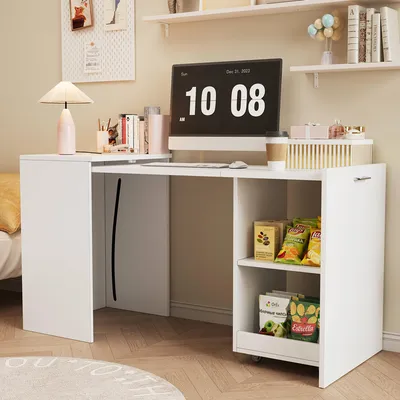 Produktbild von okwish Klapptisch Schreibtisch mit zwei offenen Fächern Schreibtisch Computertisch mit Rollen platzsparend geeignet für kleine Wohnungen Weiß