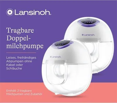 A marketing image for a Lansinoh double breast pump, showing two units and promotional text.