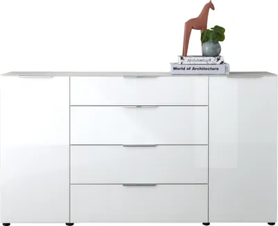 Produktbild von Sideboard - 180 x 99 cm - 2 Türen - 4 Schubladen - Weißglas - Weiß matt