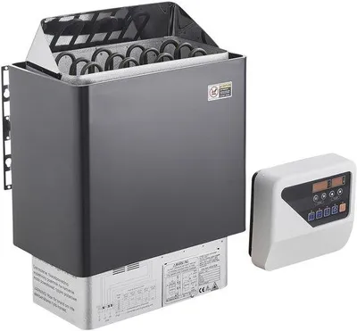 Imagen del producto de Calentador eléctrico para sauna: 6 kW, 400 V, hasta 110°C, temporizador de 3 horas, apto para interiores y exteriores, para saunas de 5-9 m³, ideal para saunas pequeñas
