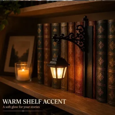 Produktbild von Bücherregal Lampe Vintage – Versteckte Metallhalterung, warmes Bernsteinlicht, Batterie, robustes Metall – Ideal für Bibliothek & Leseecke