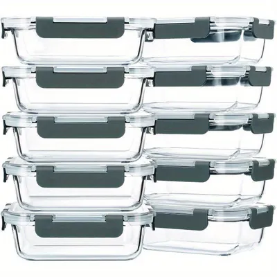 Produktbild von 10Stücke Glas Lebensmittelbehälter,Vorratsdosenset,uftdichte ,auslaufsichere,BPA-frei,Kann in Mikrowelle erhitzt werden, Lunchboxen,Meal Boxen, grau.