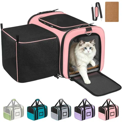 Image de Cage de transport pour chat, extensible, adaptée aux voyages en avion, de couleur rose, avec des sacs de rangement et une bandoulière