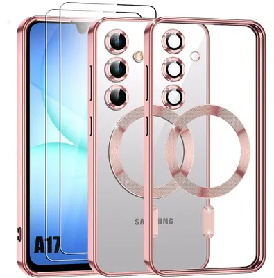 Image de Coque + 2 Verres Trempés pour Samsung Galaxy A17 5G/4G, Protection avec Cercle Magnétique Film Caméra - Rose