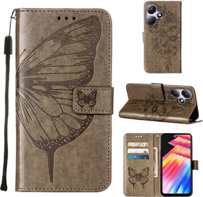 Produktbild von Lederhülle für Infinix Hot 30 Play NFC Schmetterling Prägung Flip Ledertasche Kartenfächer Handyhülle mit Ständer Grau