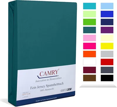A teal colored fitted sheet is shown standing upright, with a color swatch chart to the right.