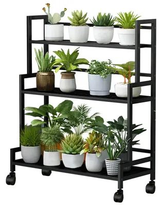 Immagine prodotto di Supporto per piante, porta fiori a 3 livelli, in metallo, con ruote, colore nero