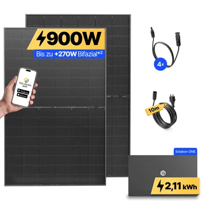 Produktbild von 900W Balkonkraftwerk mit Speicher Solakon ONE (2,11 kWh) Solaranlage Steckerfertig WIFI Komplettset Photovoltaik Anlage 800W, Kabellänge: 10m