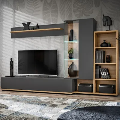 Produktbild von Wohnwand 240cm breit, anthrazit mit Eiche, SAPRI-164