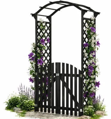 Produktbild von Mucola Rosenbogen mit Tor Pergola Rankhilfe Torbogen Spalier Holz Rankgitter Rankgestell Pergola Rosensäule Gartenbogen - Schwarz