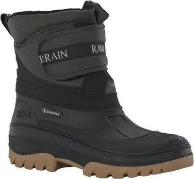 A single black winter boot with a brown sole is shown against a white background.