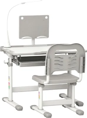 Image de HOMCOM Ensemble chaise et bureau pour enfants avec lampe LED, hauteur réglable, table et chaise d'étude pour enfants, plateau incliné, support de lecture, boîte à stylos, tiroir et porte-gobelet, gris