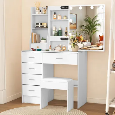 Zdjęcie produktu dla Toaletka z oświetleniem, lustro z możliwością regulacji, 6 szuflad, 6 półek, taboret, kolor biały, wymiary: 36x80x131 cm