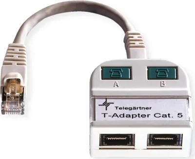 Produktbild von Telegärtner T-Adaptor S Cat.5e, 2xTR light grey RAL 7035, 2xTR, männlich/weiblich, T-Adaptor S Cat.5e