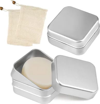 Produktbild von 2 Stück Seifendose Reise Wasserdicht Seifenbox Festes Shampoo Aufbewahrung Seifenschale Metall Aluminium mit Soap Bar Bag, Abtropfgitter seifendose Edelstahl mit Deckel (2 Quadrat)
