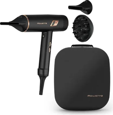A black Rowenta hair dryer with gold accents, along with its accessories and storage case, is displayed against a white background.