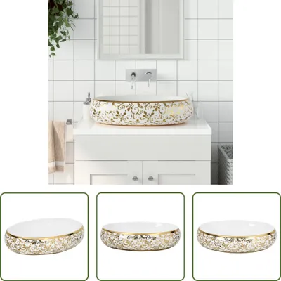 Produktbild von The Living Store Aufsatzwaschbecken Weiß und Golden Oval 59x40x15 cm Keramik